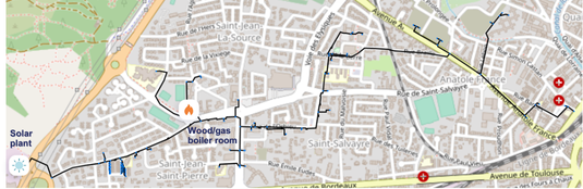 Layout of the Narbonne district heating network